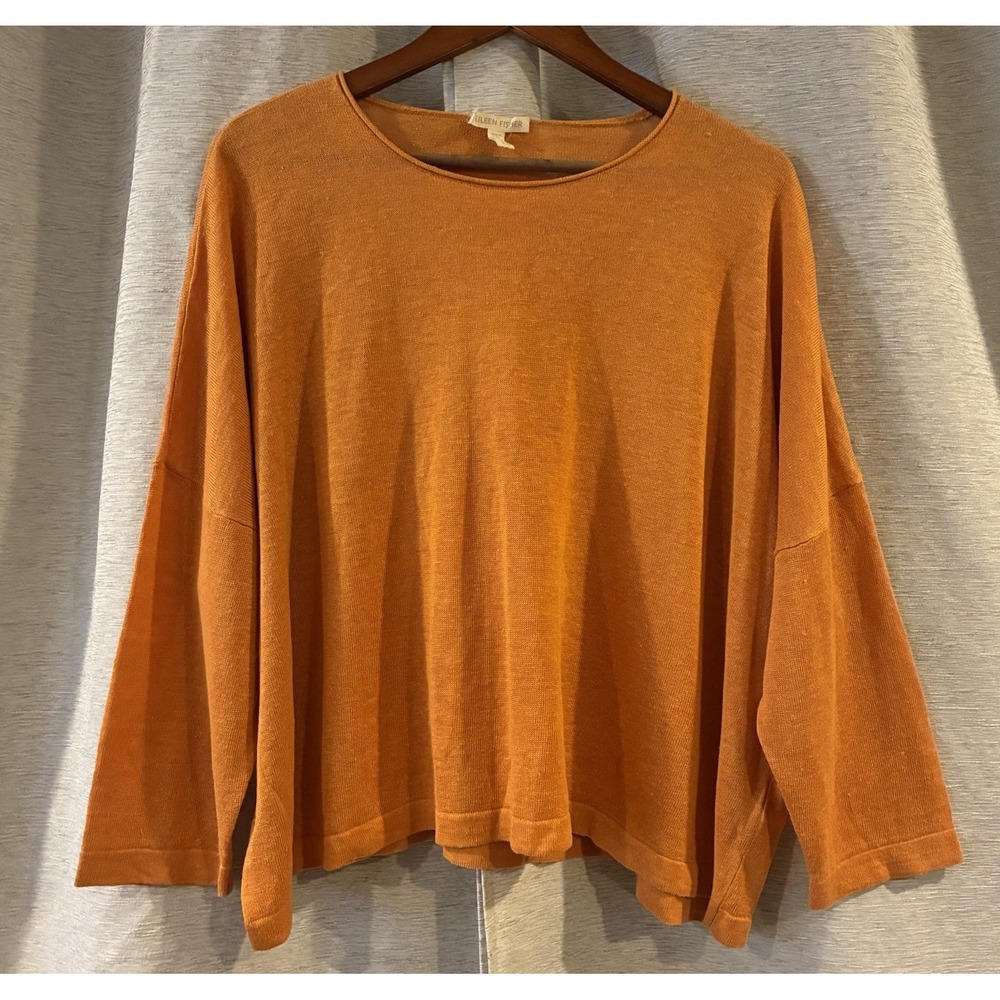 Eileen Fisher Womens Organic Linen Boxy Sweater Orange S Lagenlook Beach Coastal